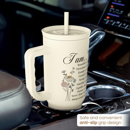 Floral Tumbler with Handle 40oz, Stainless Steel Insulated Tumblers Coffee Travel Mug Cup with Straw, Flower Coffee Cup Gifts for Women Girls, Gift for Her on Christmas Birthday Mothers Day