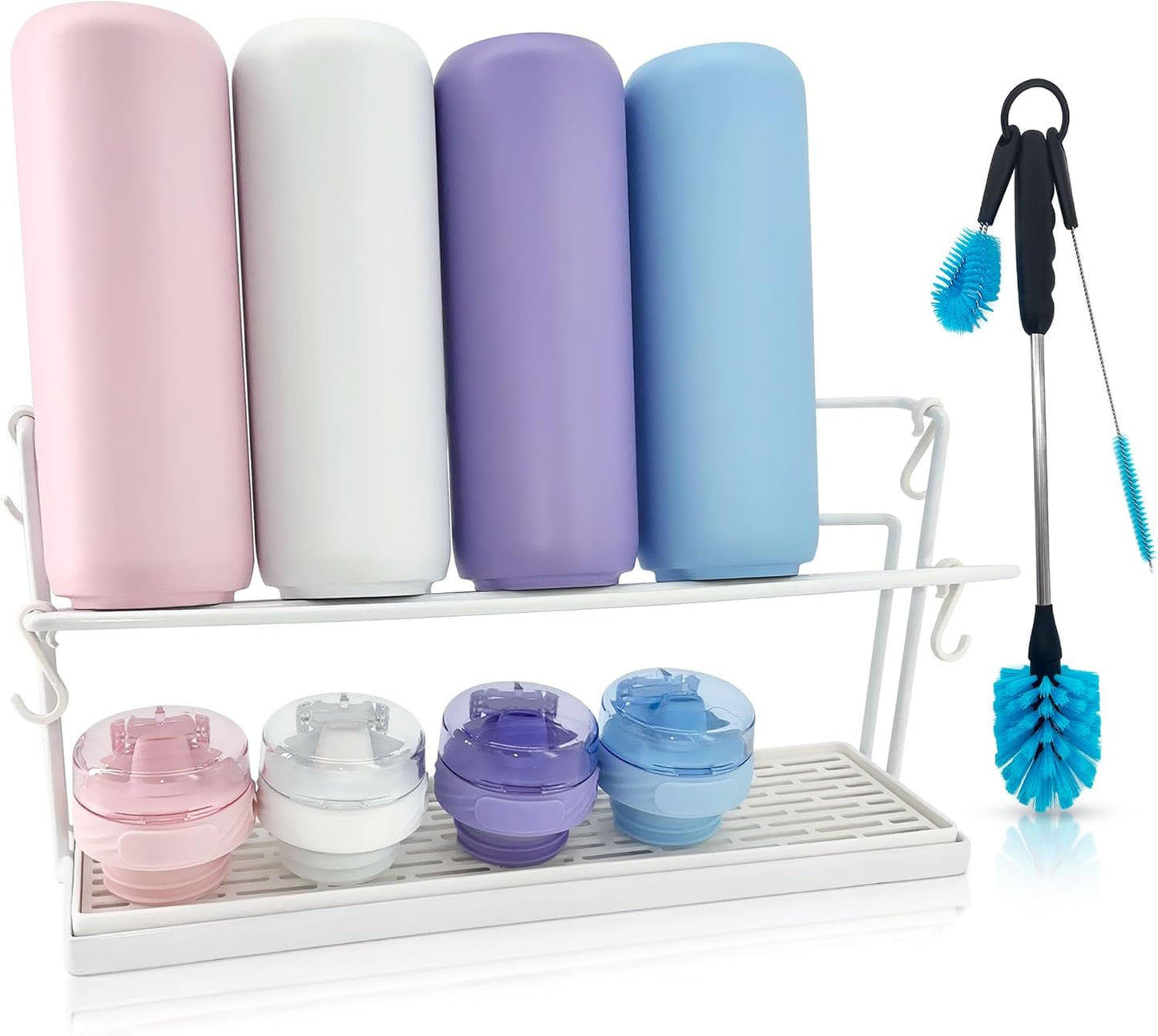 Water Bottle Drying Rack for Kitchen Counter – Cup Drying Rack, Tumbler, Mug & Glass Drying Rack Drying Rack, 2 Tier with Drain Tray and Cleaning Brush Set (Black)