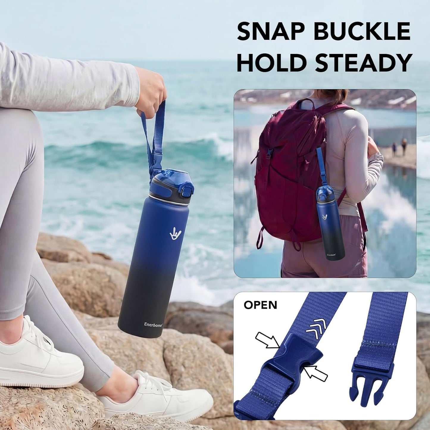 Enerbone 24 oz Insulated Water Bottle, Stainless Steel Bottle with Carrying Strap, Double-Wall Vacuum Insulation Design, Leakproof Sports Bottle with Straw, Keep Drinks Cold or Hot for Hours