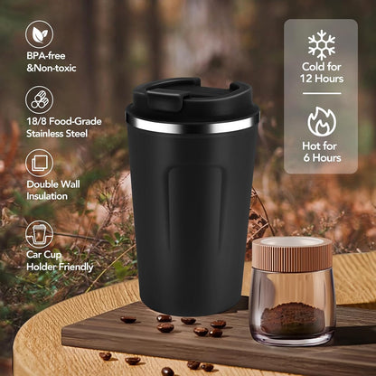 Volhoply 12 oz Double Wall Insulated Vacuum Travel Coffee Mugs with Flip Lid Bulk 2 Pack,Reusable Stainless Steel Leak Proof Coffee Cup,Portable Cafe Thermal Tumbler for Hot & Cold Drinks(Mix,2 Set)