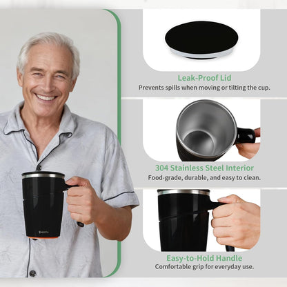 Anti-Impact No-Tip Desk Mug, 470ml / 15.9oz Stainless Steel Vacuum Insulated Mug with Handle, Smart Suction Base, Non-Slip & Knock Proof, Helps Prevent Desk Spills for Coffee, Tea, Kids & Pets (Black)