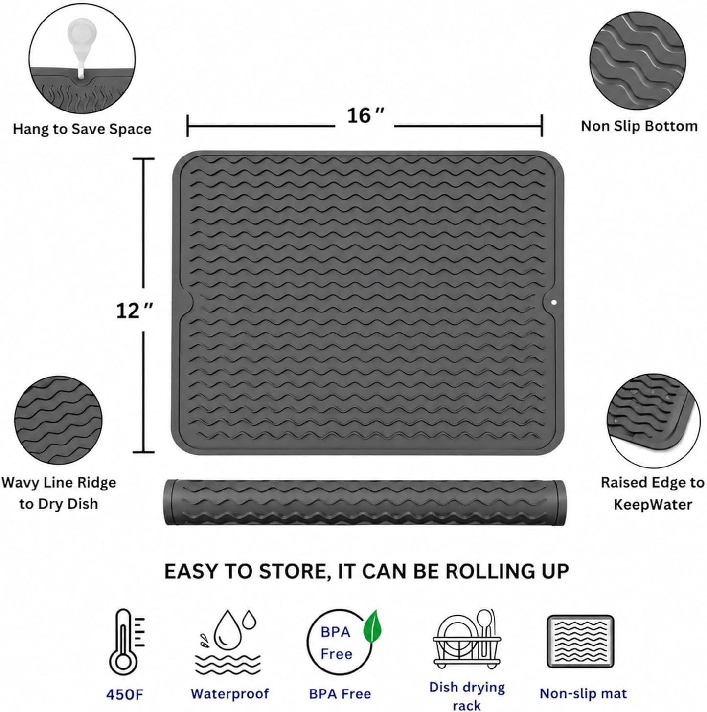 Silicone Drying Mat 16 × 12 – Gray Non-Slip Sink Mat for Kitchen Counter, Heat-Resistant Food-Grade Dish Pad, Easy-Clean Multipurpose Drawer Liner (Gray, 16'' x 12'')