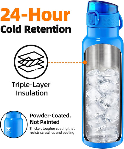 Fanhaw 24 oz Insulated Water Bottle with Soft Silicone Spout Lid, Leakproof Stainless Steel Vacuum Bottle for School, Sports& Daily Use, Kids, Teens& Adults, Back to School Essentials (Pink)