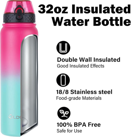 Oldley Insulated Water Bottle 20oz for Adults Kids Stainless Steel Water Bottles with Straw/Chug/Carabiner 3 Lids Fruit Strainer Double Wall Vacuum Wide Mouth BPA Free Leak-Proof for School Travel