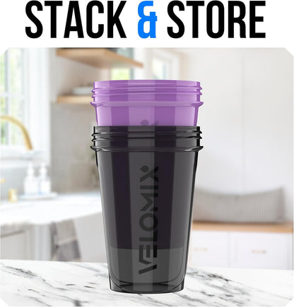 VELOMIX -2 Pack- 20 oz Protein Shaker Bottles for Protein Mixes - 2x Wire Whisk | Leak Proof Shaker Cups for Protein Shakes and Pre Workout | Protein Shaker Bottle Pack (Black/Transparent)