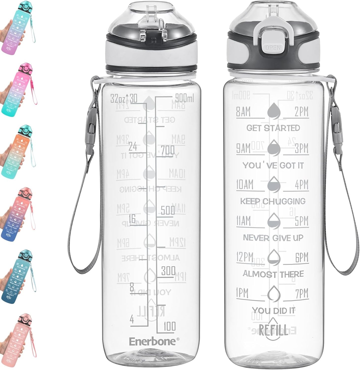 Enerbone 32 oz Drinking Water Bottle with Times to Drink and Straw, Motivational with Carrying Strap, Leakproof BPA & Toxic Free, Ensure You Drink Enough Water for Fitness Gym Outdoor