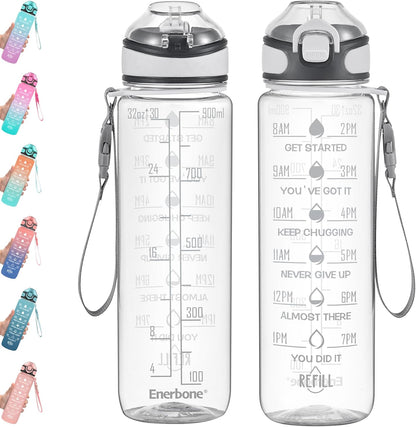 Enerbone 32 oz Drinking Water Bottle with Times to Drink and Straw, Motivational with Carrying Strap, Leakproof BPA & Toxic Free, Ensure You Drink Enough Water for Fitness Gym Outdoor