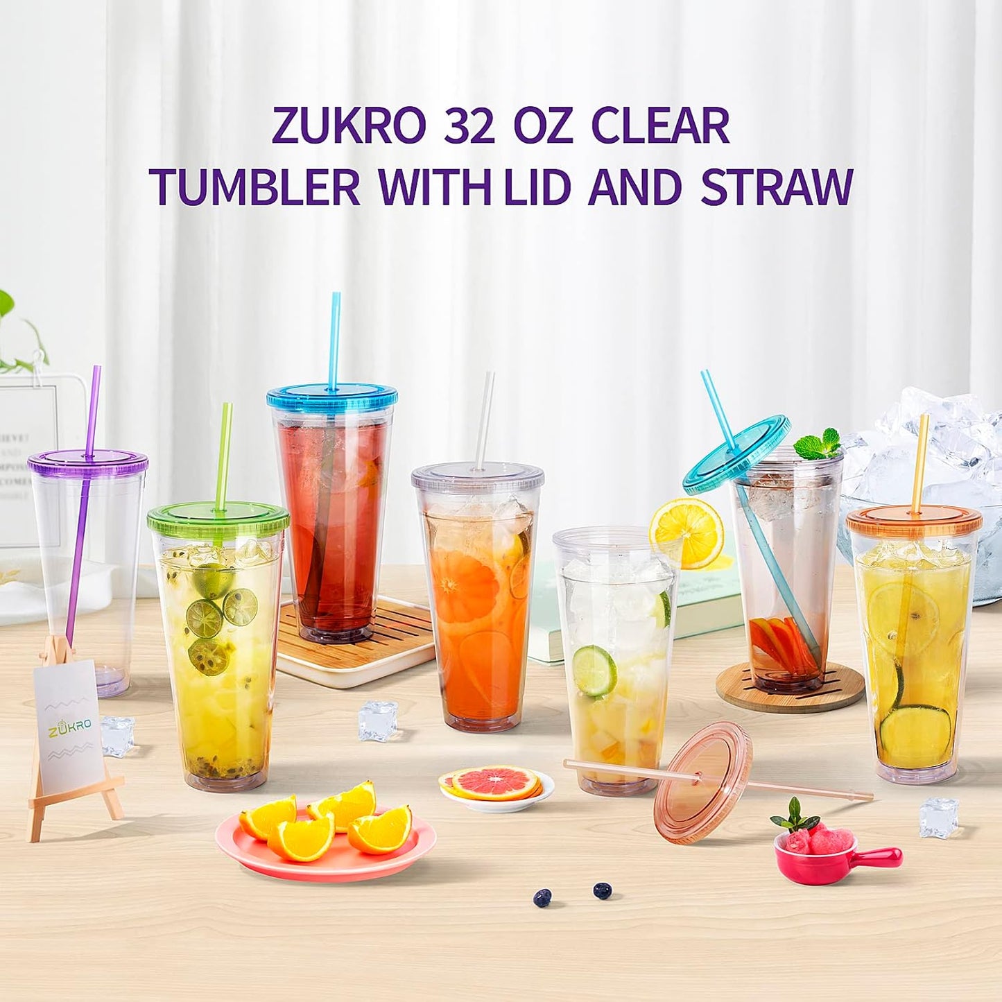Zukro Clear Acrylic Tumbler with Straw and Lid 32 oz, Double Walled Insulated Reusable Plastic Iced Coffee Cup, To Go Cup Perfect for Parties, Birthdays, Fit in Cupholder, BPA Free, Clear, 2 Pack