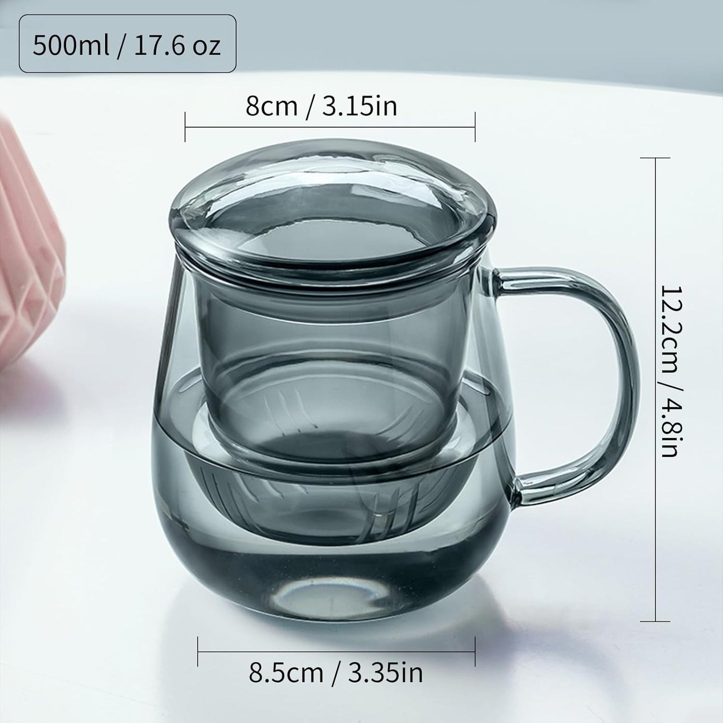 DOPUDO Glass Tea Cup with Infuser and Lid, 17.6oz/520ml Large Borosilicate Teacup,Tea Glass, Clear Mug for Loose Leaf Tea, Blooming Tea, Microwave & Dishwasher Safe - Tea Maker Gift for Birthday.