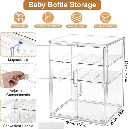 ERTIUANIO Baby Bottle Organizer – 3 Tier Bottle Storage Organizer Baby for Nipples, Pump Parts, Food Jars – Clear Acrylic Bottle Station Organizer for Countertop and Kitchen, Gifts for New Mom