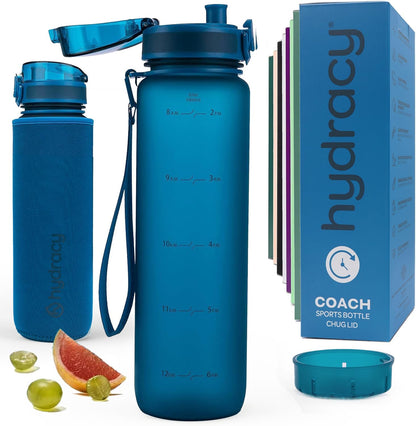 Hydracy Water Bottle with Time Marker -Large BPA Free Water Bottle & No Sweat Sleeve -Leak Proof Gym Bottle with Times to Drink - Ideal for Fitness Sports & Outdoors