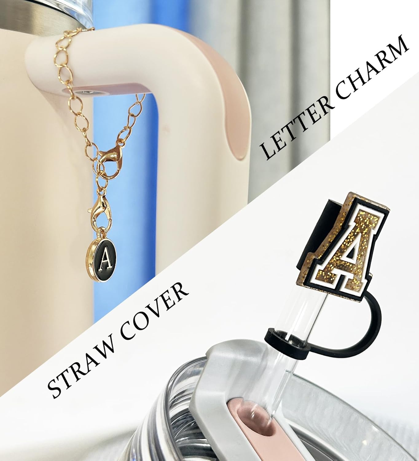 （3 +3) 3PCS Nuozme Straw Cover 10mm For Stanley Tumbler Cup Reusable Straw Cap Topper with 3 Initial Letter Charms Accessories Name ID Personalized Handle Charm For Stanley 30&40 Oz Cup Tumbler - Colors A