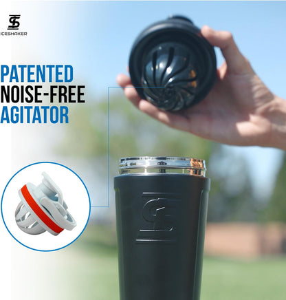 Ice Shaker Insulated Stainless Steel Shaker Bottle | 26oz, Black | Cold for 30+ Hours | Insulated Cup with Twist-on Agitator | Odor-Free Bottle for Protein Shakes, Water, Smoothies, Cocktails