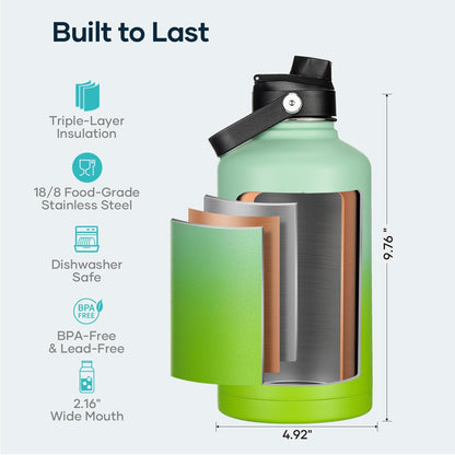 BUZIO 40oz Insulated Water Bottle, Triple Wall Vacuum Stainless Steel Water Flask with 2 lids, Lead-Free BPA-Free Straw Lid Sports Canteen Jug, Cold 48H & Hot 24H- Black - Colors A
