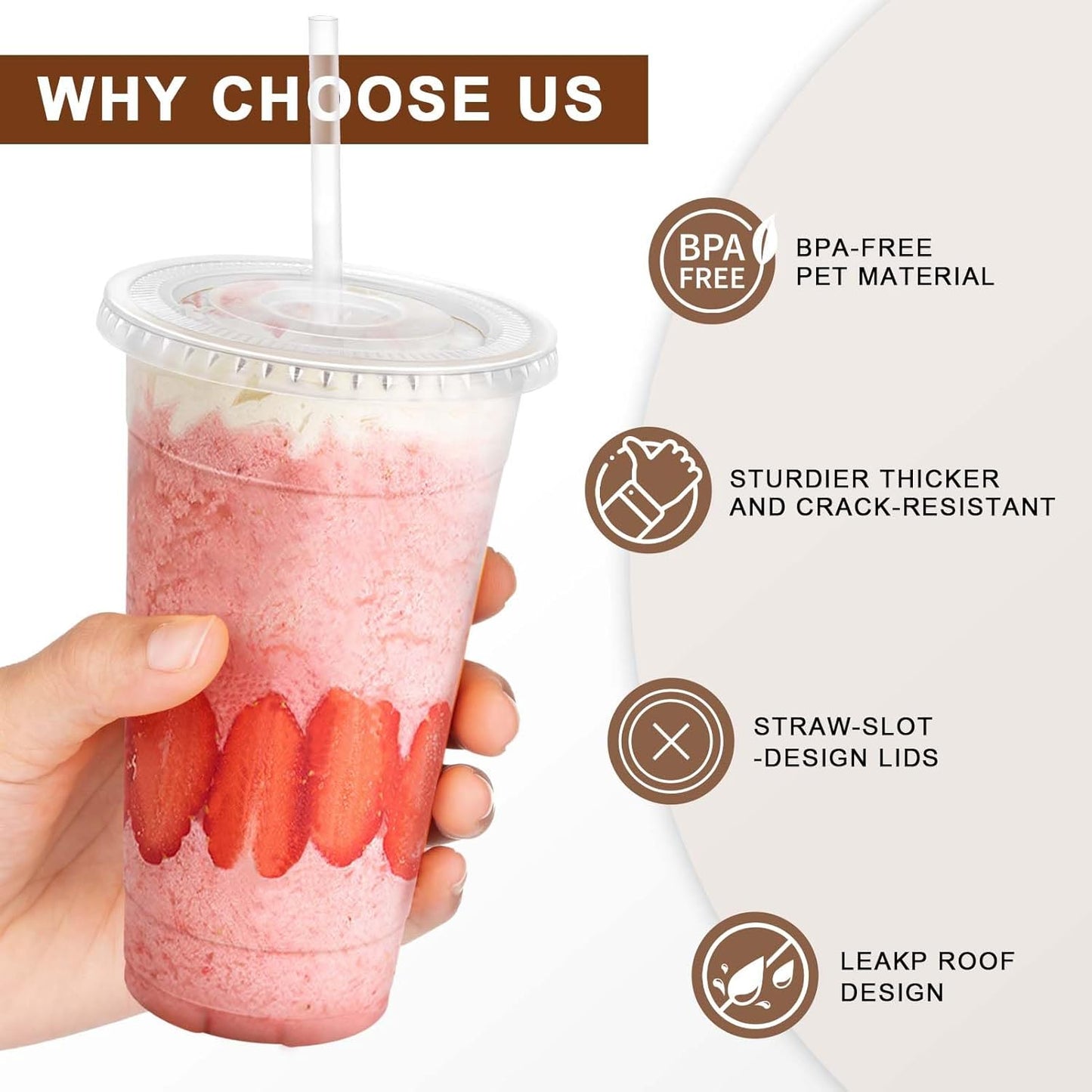 Clawsoff 100 Pack 20 oz Disposable Clear Plastic Cups with Lids and Straws, Leak-Proof Sturdy Cold Drink Cups for Iced Coffee, Smoothies, Juice, Parties & Business