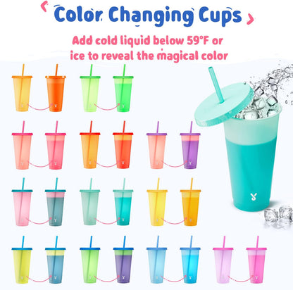 Meoky Plastic Cute Cold Cups with Lids and Straws Bulk for Iced Coffee - 6 Pack 24 oz Color Changing Reusable for Adults Kid Women Party