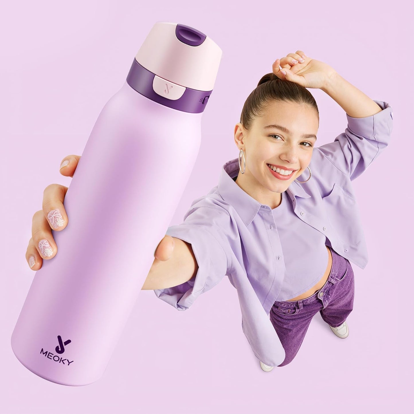 Meoky 24 oz Slim Insulated Water Bottle: Leak Proof Locking Lid, 2-in-1 Straw and Spout, 24 Hours Cold, Top Handle, BPA Free, Stainless Steel Water Bottle for Men Sports Travel Gym, Night