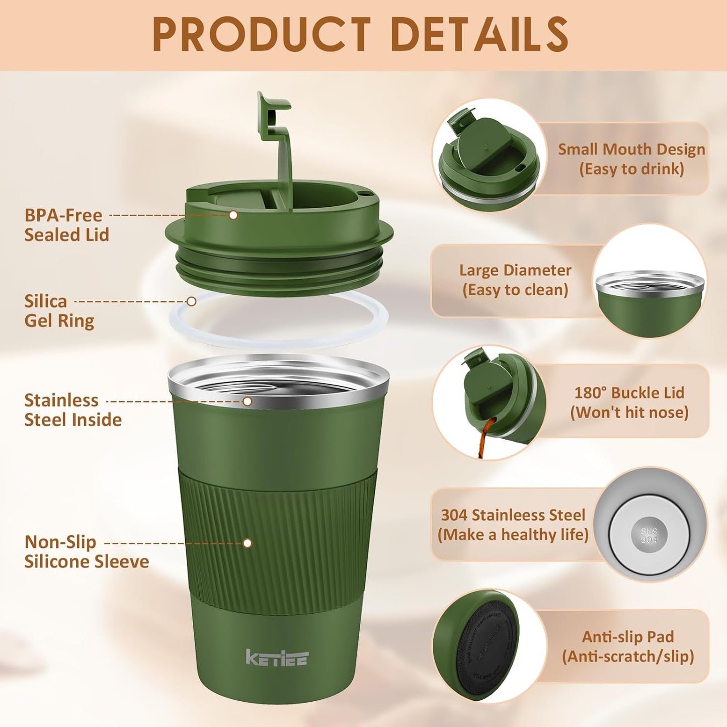 KETIEE Travel Coffee Mug Spill Proof 12oz, Insulated Travel Mug to Go, Reusable Coffee Cup with Seal Lid, Vacuum Stainless Steel Tumbler for Hot/Cold Drinks (Red)