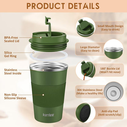 KETIEE Travel Coffee Mug Spill Proof 12oz, Insulated Travel Mug to Go, Reusable Coffee Cup with Seal Lid, Vacuum Stainless Steel Tumbler for Hot/Cold Drinks (Red)