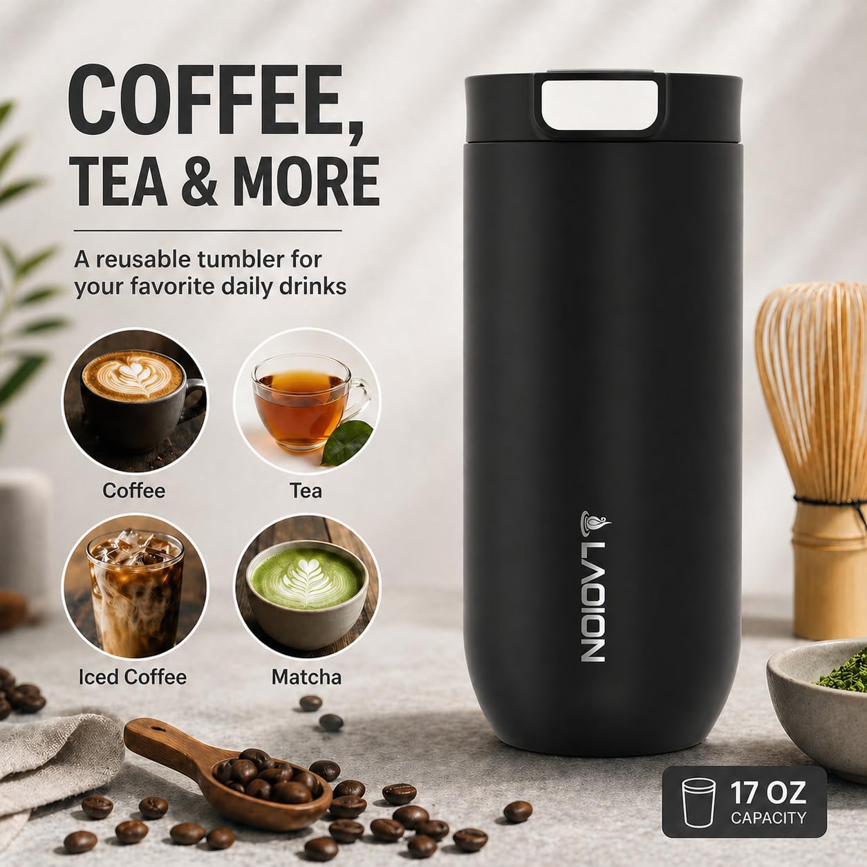 LAOION 17 oz Insulated Coffee Tumbler, Stainless Steel Travel Coffee Mug with Slider Lid, Reusable Iced Coffee Cup for Office, Car, Commute, Gray