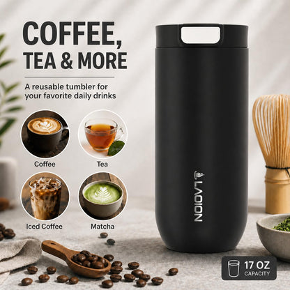 LAOION 17 oz Insulated Coffee Tumbler, Stainless Steel Travel Coffee Mug with Slider Lid, Reusable Iced Coffee Cup for Office, Car, Commute, Gray