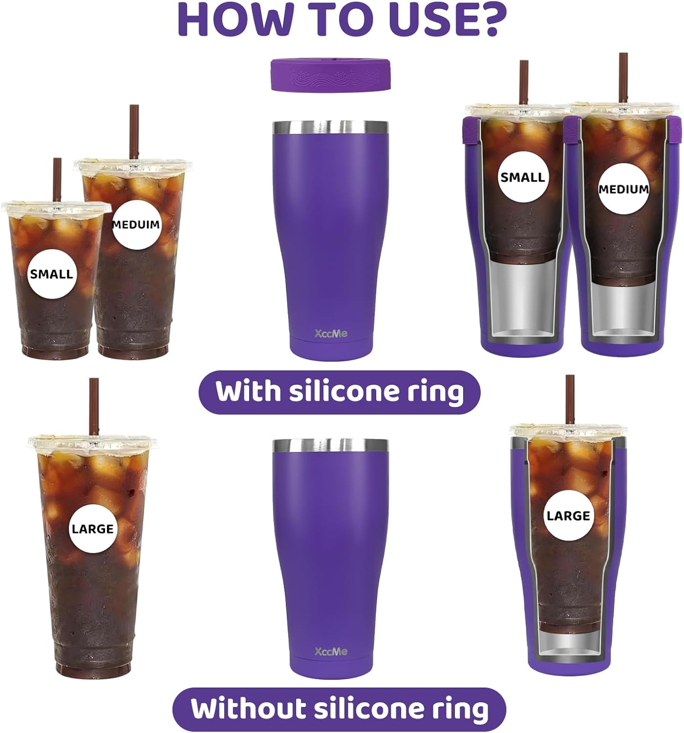 Universal Iced Coffee Sleeve,32oz Double Wall Stainless Steel Insulator Fits 16-32oz Starbucks/Dunkin/McDonalds Cups,Reusable Iced Coffee Cup Holder,Leak-Proof Tumbler for Hot,Cold Drink