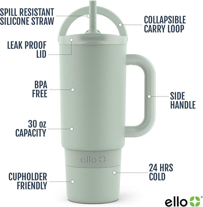 Ello Port 40oz Tumbler with Carry Loop & Integrated Handle, Vacuum Insulated Stainless Steel Reusable Water Bottle, Travel Mug with Leak Proof Lid & Straw, Perfect for Iced Coffee & Tea, White