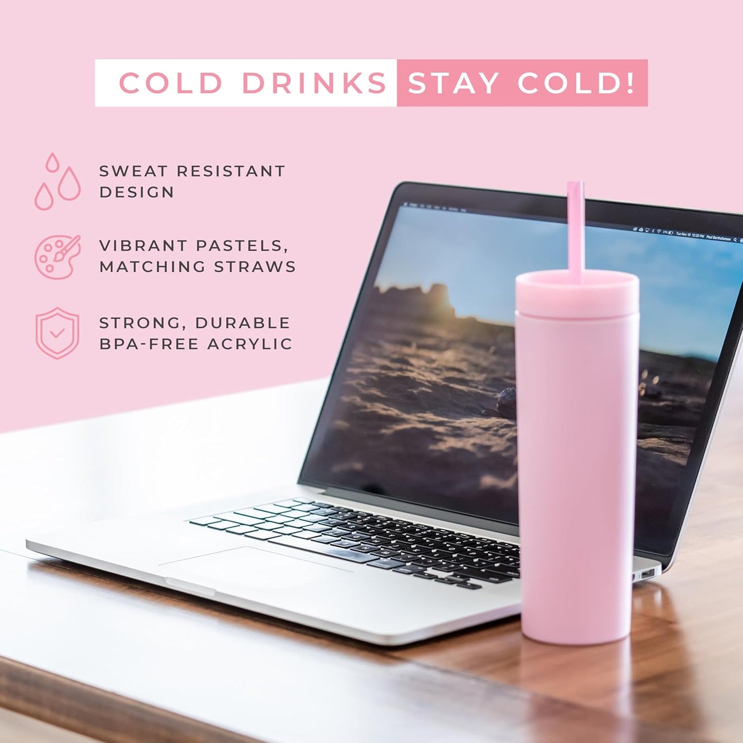 STRATA CUPS Perwinkle Skinny Tumblers with Lids and Straws (4 pack), 16oz Matte Pastel Colored Acrylic Tumblers with Lids and Straws, Double Wall Skinny Tumbler Bulk, Reusable Cup with Straw Cleaner