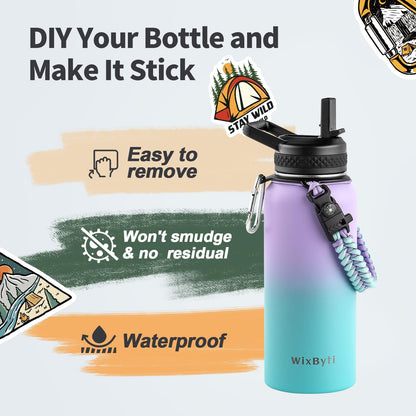 WixByti 40 oz Insulated Water Bottle with Straw (Cold for 36 Hrs), Stainless Steel Triple Wall Vacuum Sports Water Jug, Leakproof Hydro Cup Flask with Paracord Handle & Straw Spout Lids & DIY Stickers