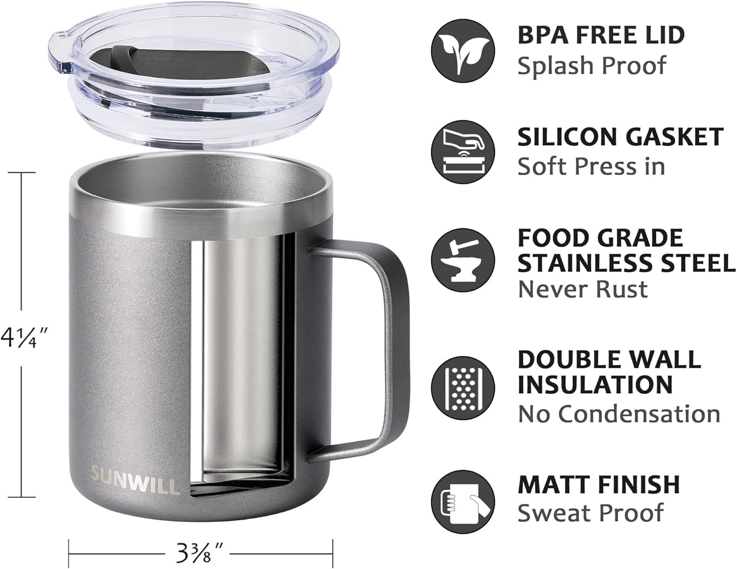 SUNWILL Travel Coffee Mug with Lid, Insulated Tumbler with Handle, 14 oz Stainless Steel Cup for Ice, Water, Tea, Rose Gold