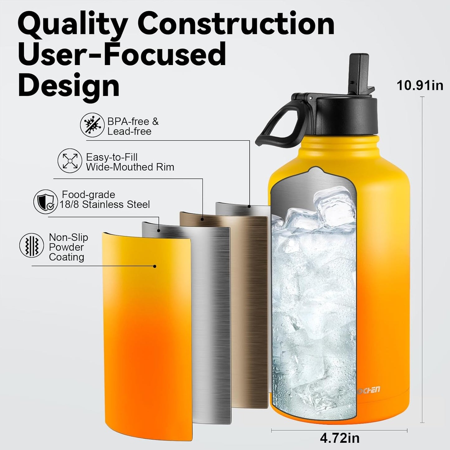 KXIAOCHEN Insulated Water Bottle With Strap, Cold For 48 Hrs Leak Proof, Triple Wall Stainless Steel Sports Water Bottle With Straw And Spout Lid For Gym Hiking Travel