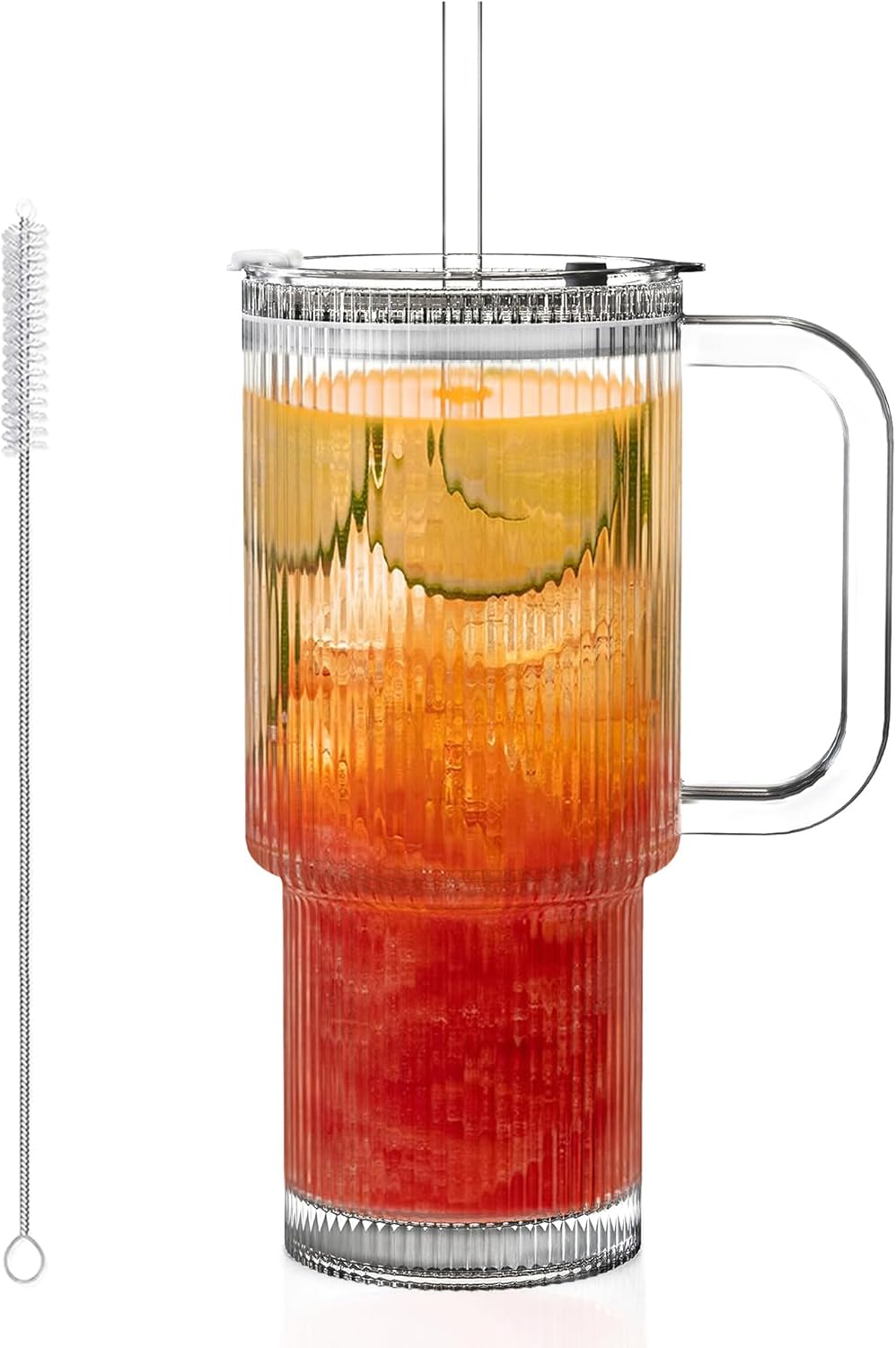 KEMORELA Large 26oz Clear Glass Mug with Handle and Sliding Lid – Aesthetic Ribbed Tumbler for Iced Coffee, Smoothies & Hot Drinks – Reusable Travel Cup with Straw, Dishwasher Safe (Ribbed Tumbler)
