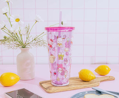 Silver Buffalo Sanrio Hello Kitty and Friends Plastic Boba Tumbler with Lid and Straw Featuring Hello Kitty, Cinnamorroll, Kuromi, My Melody, Badtz Maru, Keroppi, Chococat, and Pompompurin, 24 Ounces