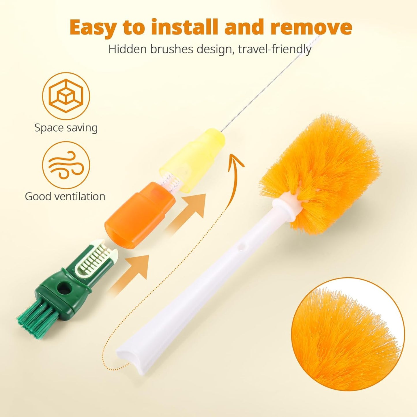 OUTXE 5 Pack Bottle Brush Set, 5-in-1 Water Bottle Cleaner Brush, 15"" Long Handle Bottle Cleaning Brush, 3 Straw Brush, Removable Nipple Brush, Detail Brush for Cup Lid Gap, WBBSBLB5