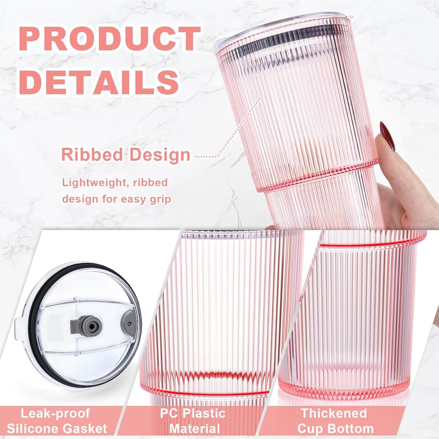 4 Pcs 20oz Plastic Ribbed Tumblers with Lid and Straws Blue Plastic Reusable Iced Coffee Cups with Lid Unbreakable Vintage Ribbed Drinking Glasses Tumbler for Juice Smoothie Beverage with Clean Brush