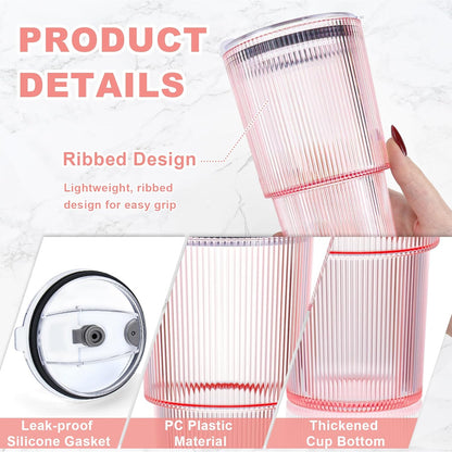 4 Pcs 20oz Plastic Ribbed Tumblers with Lid and Straws Blue Plastic Reusable Iced Coffee Cups with Lid Unbreakable Vintage Ribbed Drinking Glasses Tumbler for Juice Smoothie Beverage with Clean Brush