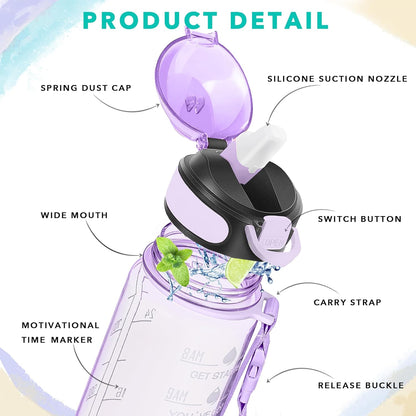 Enerbone 32 oz Drinking Water Bottle with Times to Drink and Straw, Motivational with Carrying Strap, Leakproof BPA & Toxic Free, Ensure You Drink Enough Water for Fitness Gym Outdoor