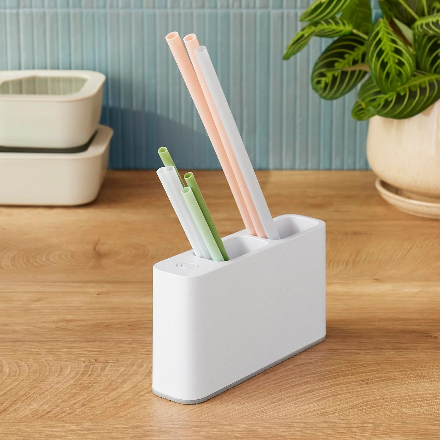 YouCopia SipStation Straw Holder, Reusable Straw Organizer for Kitchen Storage, Speckled White