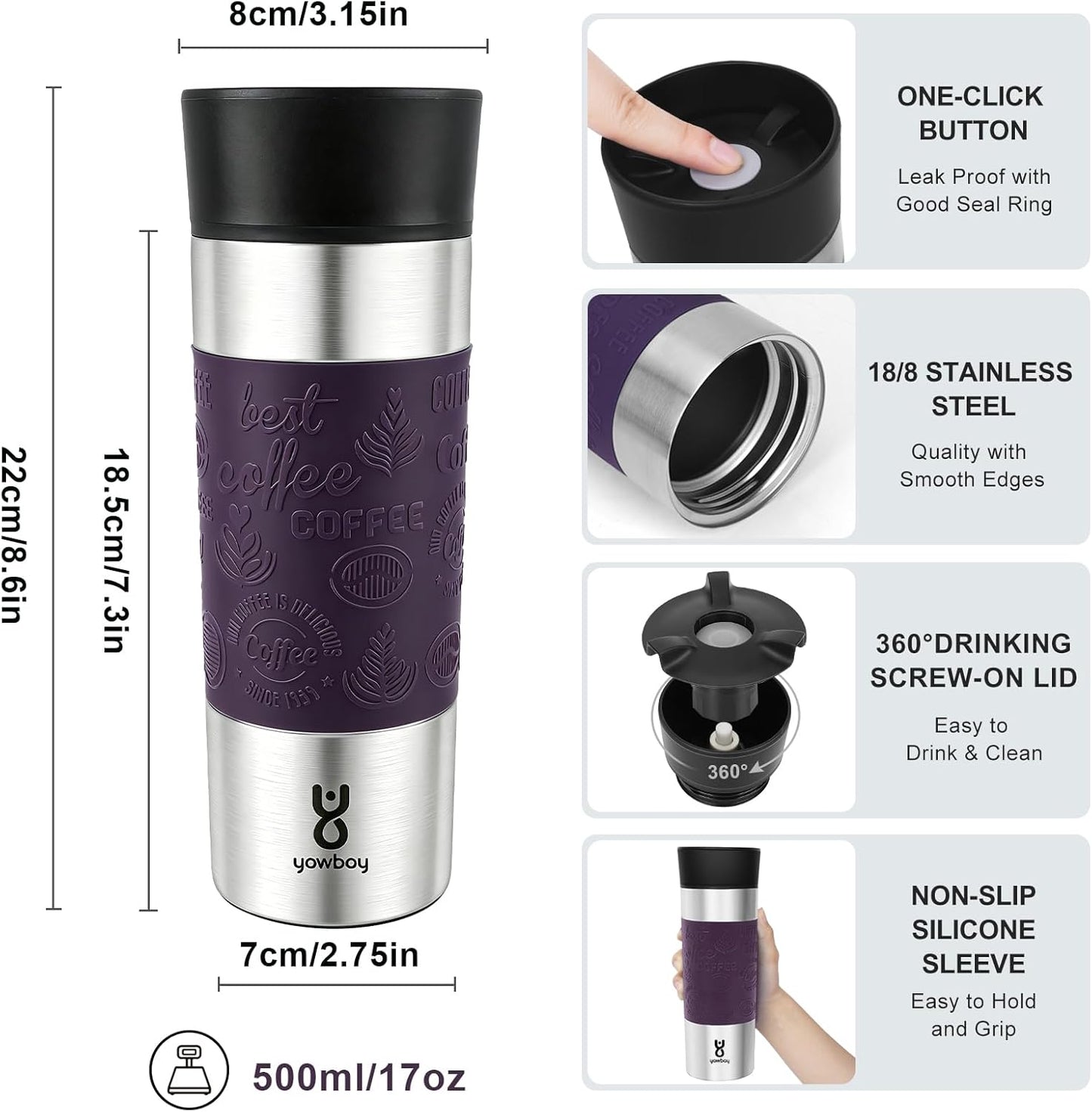 Travel Coffee Mug with 360°Lid, Travel Coffee Tumbler 16 oz Leak Proof, Stainless Steel Insulated Travel Mugs for Hot and Cold Spill Proof Leak Proof (Purple)