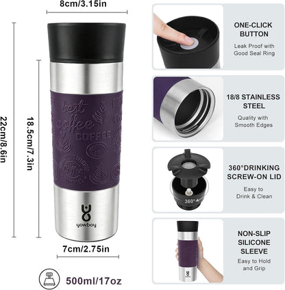 Travel Coffee Mug with 360°Lid, Travel Coffee Tumbler 16 oz Leak Proof, Stainless Steel Insulated Travel Mugs for Hot and Cold Spill Proof Leak Proof (Purple)