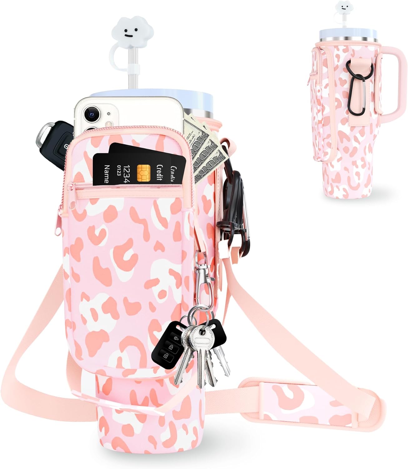 dabria Water Bottle Carrier Bag with Phone Pocket for Stanley 40/30 oz Tumbler Neoprene Water Bottle Holder Pouch with Adjustable Strap Bollus with Straw Cover for Stanley Cup Accessories