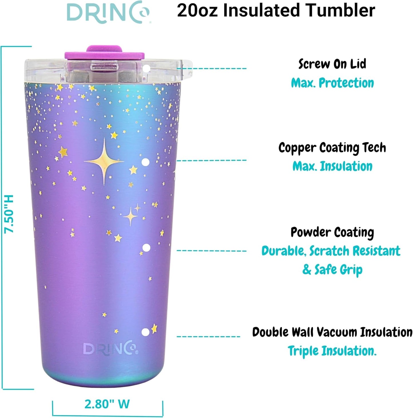Drinco - 20 oz Stainless Steel Tumbler | Double Walled Vacuum Insulated Mug With Lid, 2 Straws, For Hot & Cold Drinks (20oz Dragonfly)