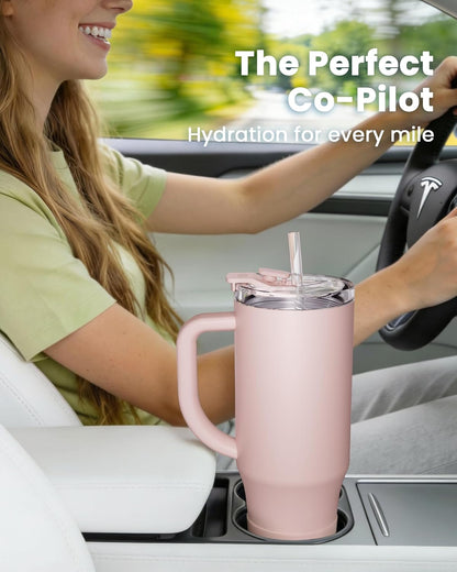 Renoj Insulated Mug 100% Leak Proof Insulated Water Bottle for Iced Coffee & Hot Drinks - Fits Car Cup Holder, Ideal Gift, 2 Straws & Silicone Boot - SnapShift Pink 32 oz