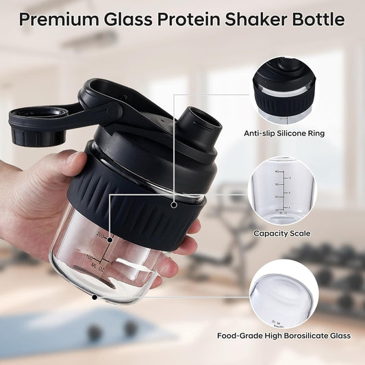 16oz Glass Shaker Bottle for Protein, Small Borosilicate Glass Protein Powder Leak-Proof Shaker Cup Mixes with 304 Blending Ball(16oz,Black)