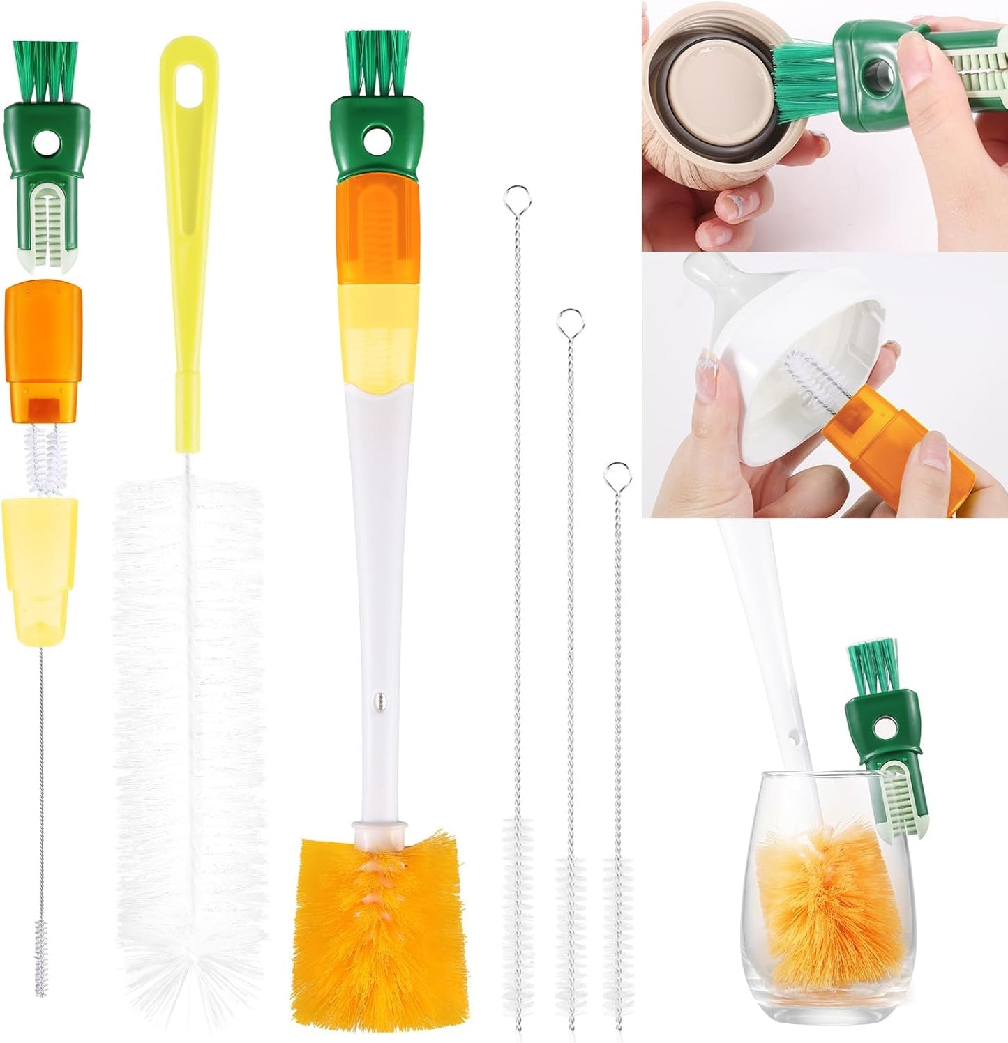 OUTXE 5 Pack Bottle Brush Set, 5-in-1 Water Bottle Cleaner Brush, 15"" Long Handle Bottle Cleaning Brush, 3 Straw Brush, Removable Nipple Brush, Detail Brush for Cup Lid Gap, WBBSBLB5