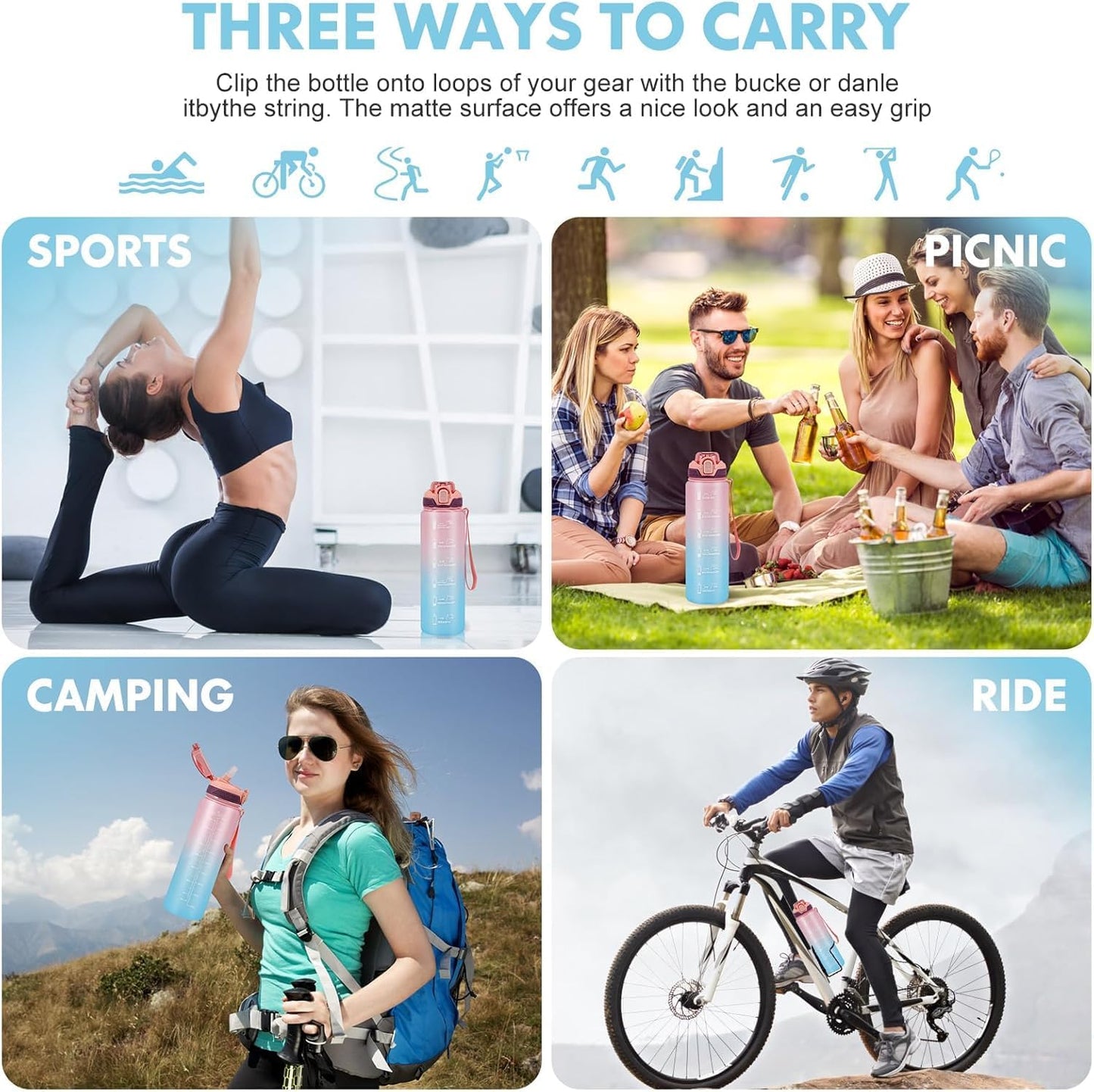Water Bottle with Straw 1L,Boys Water Bottles with Straw 1 Litre,Waterbottle Leak-Proof Sports Water Bottle,Plastic Drinks Bottles Toxin Free，Bpa-Free (Cyan Black)