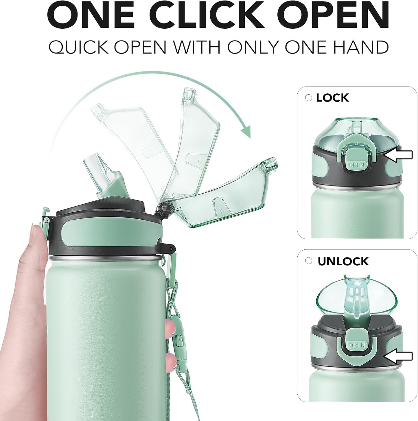 Enerbone 24 oz Insulated Water Bottle, Stainless Steel Bottle with Carrying Strap, Double-Wall Vacuum Insulation Design, Leakproof Sports Bottle with Straw, Keep Drinks Cold or Hot for Hours