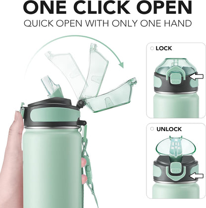 Enerbone 24 oz Insulated Water Bottle, Stainless Steel Bottle with Carrying Strap, Double-Wall Vacuum Insulation Design, Leakproof Sports Bottle with Straw, Keep Drinks Cold or Hot for Hours