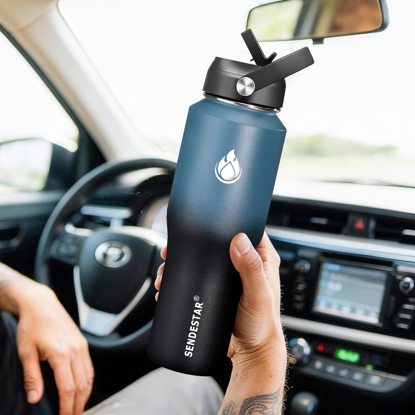 SENDESTAR 40oz Water Bottle Wide Mouth Stainless Steel Vacuum Insulated Double Wall with Straw Lids Fit in Any Car Cup Holder