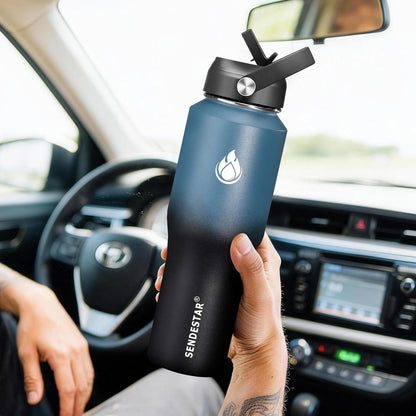 SENDESTAR 40oz Water Bottle Wide Mouth Stainless Steel Vacuum Insulated Double Wall with Straw Lids Fit in Any Car Cup Holder